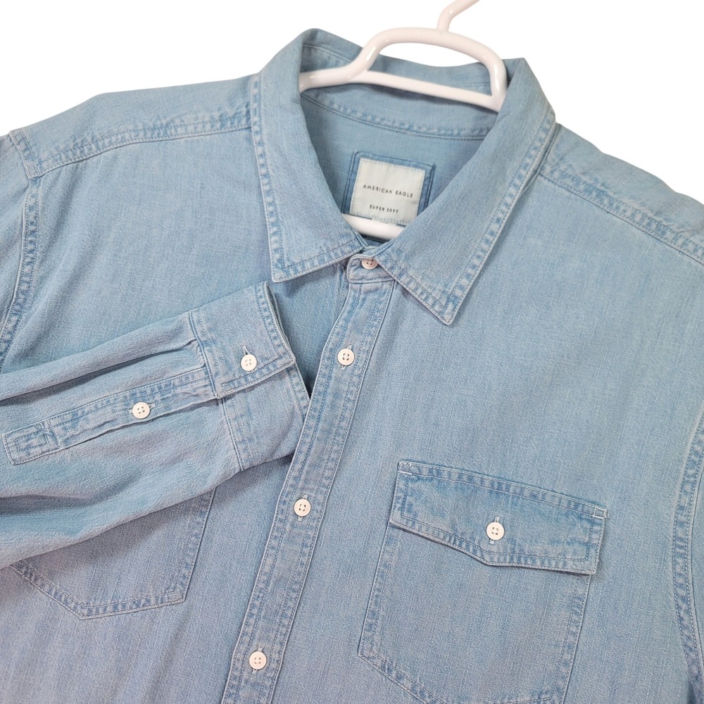 American Eagle Denim‎ Chambray Shirt Mens XXXL Light Blue Super Soft Long Sleeve